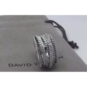 David Yurman Silver Diamond Crossover Ring Size 6